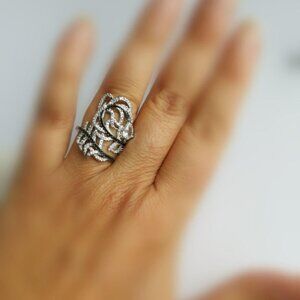 Feather swirl CZ ring 14k white gold overlay Size 8 🆕
